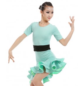 Mint red black neon green short sleeves ruffles skirt competition gymnastics performance children  girls latin dance dresses