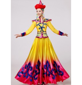 Mongolian Costume Stage performance clothing Dance skirt gown Yellow Mongolian Dance Costume Minority folk dance Clothing Apparel