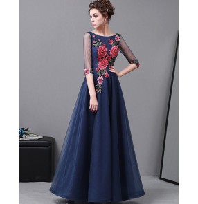 Navy rose flowers Elegant O-Neck A-Line long length embroidery Evening Dress Prom Dresses Robe De Soiree Party Dress With Half Sleeves