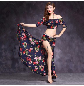 Navy rose flowers peacock printed Dress girls ladies Belly Dance Costumes Women Stage Performance Skirt  costumes