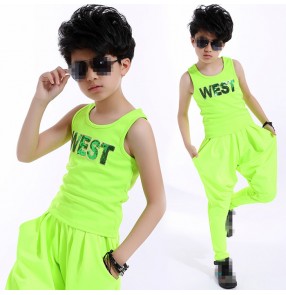 Neon green boys kids children  toddlers performance modern dance hip hop competition rehearsal dance outfits vest and harem pants