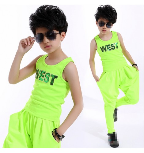 Boy Neon green boys kids children toddlers performance modern dance hip hop competition rehearsal dance outfits vest and harem pants