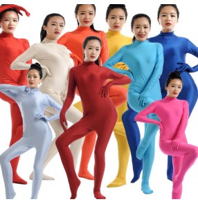 Neon green red royal blue fuchsia black silver purple pink turquoise lycra long length women's children cosplay performance bodysuit unitard