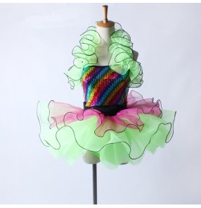 Neon Green sequins rainbow colored ruffles halter neck girls children competition tutu skirt ballet dance dresses outfits