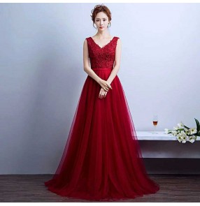 New arrival wine red women'a bridesmaid sexy party evening dresses Vestido de Festa A-line appliques beading gown V-neck dress with Lace up back