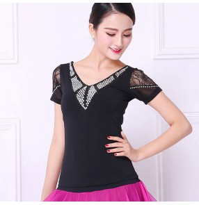 New Black diamond Ballroom Modern Latin dance clothes top for women/female dancer wear, short sleeves V-neck performance wear 