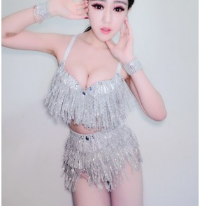 New Sexy  Silver fringes Jazz Dance Stage Costumes For Singers Hip Hop Dance Costume Female Ds Dj Rhinestone Nightclub outfits