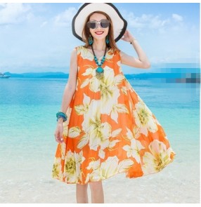 Orange flower printed fashion women's ladies summer female slash neck boat neck off shoulder short sleeves Draw string waist A pleated Skirt dressesvestidos