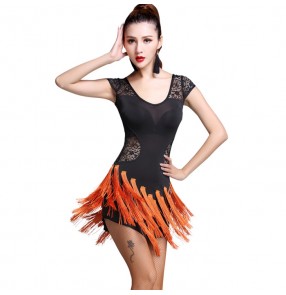 Orange green black lace patchwork short sleeves competition performance women's fringes salsa cha cha dance dresses