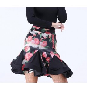 Pink rose floral printed irregular hem sexy fashion girls women's ladies competition latin salsa dance skirts