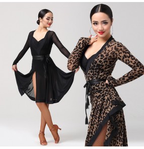 professional black Leopard mesh women latin dance dress rumba samba costume sexy Perspective  salsa dress competition costume