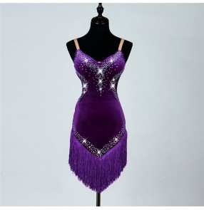 Purple backless latin dance fringe women competition latin dress dancing clothes Dancewear dress latina salsa latin dance costumes