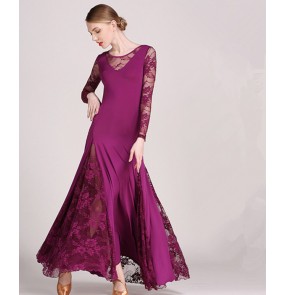 Purple black red lace patchwork long sleeves big skirted women's ladies flamenco ballroom competition dance dresses