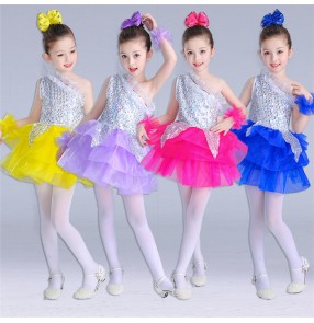 Purple royal blue violet fuchsia yellow sequins patchwork sequins one shoulder modern dance girls jazz singers dance dresses