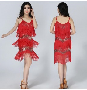 Purple turquoise royal blue red black sequins fringes women's latin salsa cha cha dance flapper dresses