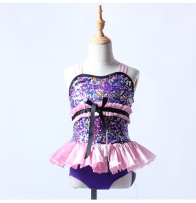 Purple violet pink patchwork sequins leotards girls kids children competition ballet dance costumes rompers dresses