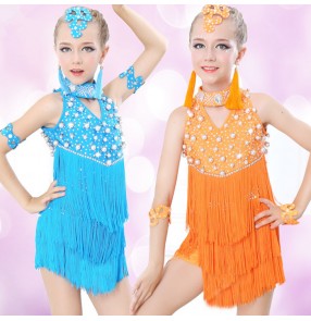 Purple white black turquoise royal blue orange red beaded rhinestones fringes girls kids children competition latin dance dresses