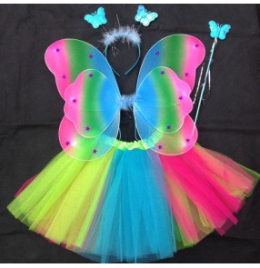 Rainbow colored girls kids children fancy party cosplay dance angels wings and skirts performance outfits costumes