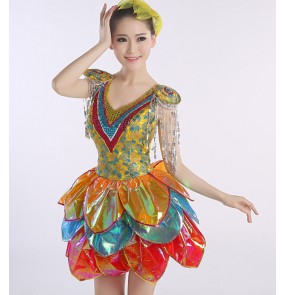 Rainbow colored petal glitter modern dance party cosplay singers stage performance jazz dj ds night club dance dresses