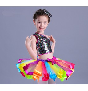 Rainbow colored sequins paillette  modern dance jazz singers performance party ballet princess chorus dancing dress outfits