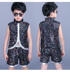 Rainbow sequins glitter performance competition boys kids school hip hop jazz magician dance vests shorts outfits