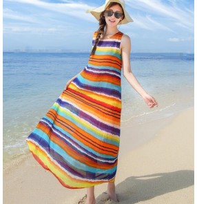 Rainbow striped patchwork exposure shoulder fashion mini length girls women's summer slim dresses maxi vestidos