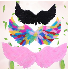 Rainbow white black pink feather fashion fairy girls kids modern dance singers performance props angel birds wings