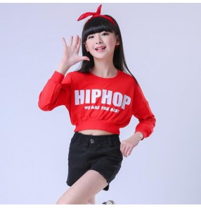 Red and black white patchwork girls kids children school competition hip hop jazz performance outfits costumes