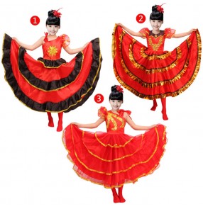 Red black girls kids children stage performance competition flamenco ballroom Spanish bull dance dresses skirts