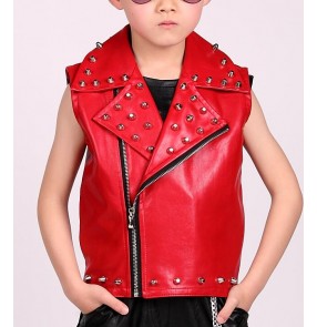 Red boys kids children Singer DS Dance Costume Wear rivet leather hip hop drummer competition Veste Jazz Dance Clothes Suit