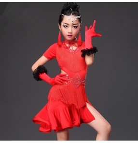 Red fuchsia hot pink fringes rhinestones competition girls kids children latin salsa dance dresses