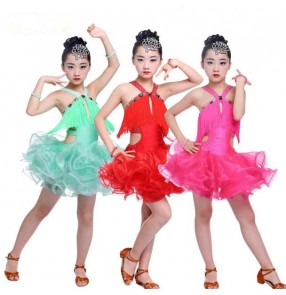 Red fuchsia hot pink mint rhinestones stage competition girls latin ballroom dance dresses outfits