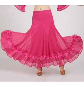 Red hot pink fuchsia ruffles hem competition performance training ballroom dance skirts