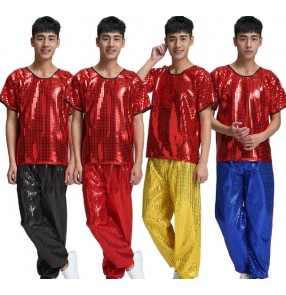 Red royal blue silver gold sequins paillette short sleeves top men's singers dancers performance hip hop jazz street dance outfits