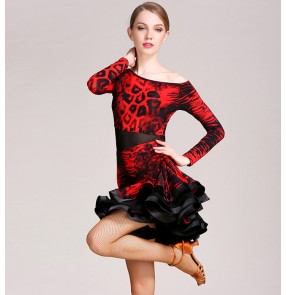 Red tiger orange leopard printed one inclined shoulder women's competition performance latin salsa samba cha cha dance dresses