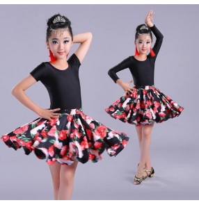 Rose floral printed short sleeves long sleeves girls kids children competition performance latin salsa dance dresses outfits