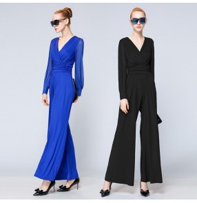 Royal blue black Loose Women long sleeves Jumpsuits Sexy V-neck Romper Bodycon Lady  Jumpsuits long pant Jumpsuits