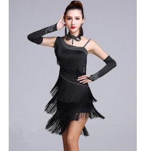 Royal blue black red orange layers fringes rhinestones competition performance women's ladies latin salsa dance dresses costumes