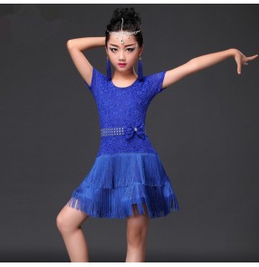 Royal blue fuchsia black lace fringes competition performance girls latin salsa dance dresses