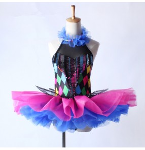 Royal blue fuchsia hot pink rainbow plaid printed sequins tutu skirt girls kids children competition ballet dance dresses outfits