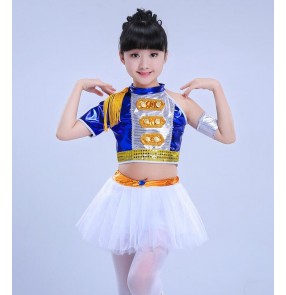 Royal blue gold silver leather girls kid children cheerleaders competition performance rehearsal jazz hip hop dance dresses