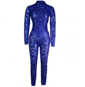 Royal blue gold Summer Women ladies pole dance jazz singers Sequin Rompers Jumpsuit Elegant Bodycon African Bodysuit