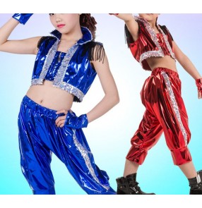 Royal blue red paillette sequined pu leather girls kids child children toddlers boys growth   jazz dance dj singer hip hop modern dance stage performance dance costumes set 