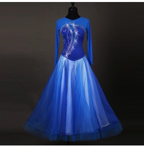 Royal blue rhinestones women's ladies competition performance professional long length ballroom tango waltz dance dresses