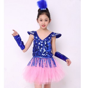 Royal blue sequins light pink patchwork princess girls kids children performance school play jazz singers dance dresses