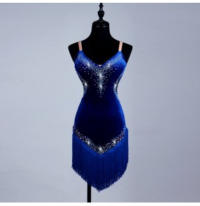Royal blue velvet rhinestones competition women's ladies performance latin salsa cha cha rumba samba dance dresses