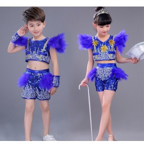 Royal blue yellow gold sequins paillette modern dance girls princess jazz singers drummer hip hop dance outfits costumes