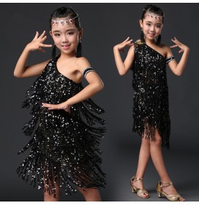 Sequins black red royal blue Stage Tassel Competition Latin Dance Dress For Girls Dress Practice Dancing Dress Girl Dancewear Kids