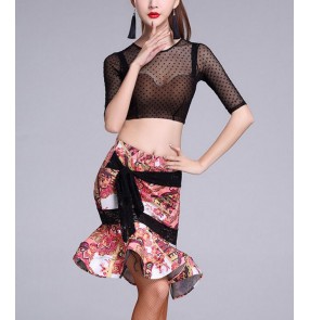 Sexy Latin Dance Dress Women Girls Polyester Flamenco Salsa Samba Tango Ballroom Competition Costume Lady Dance Top Skirt