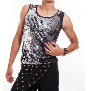 Silver black colored sequins paillette men's male competition performance jazz singers dj night club dance vests tops